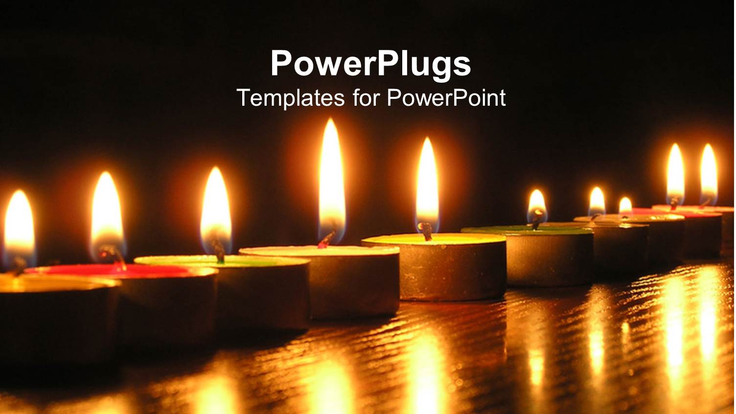 Line Made of Burning Candles on Reflecting Surface with Golden Abstract Frame at the Top of Black Background