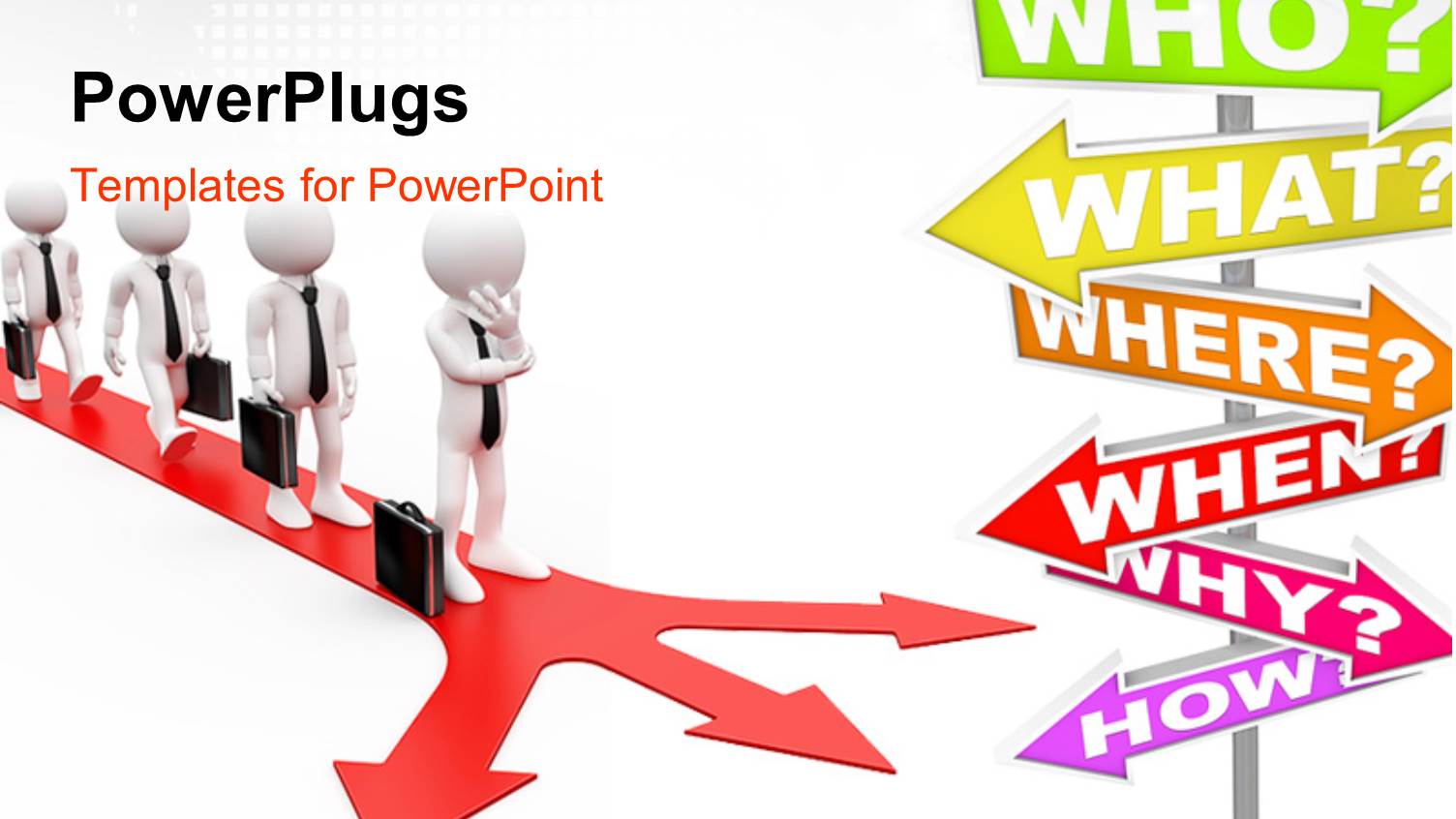 Line of White Figures Carrying Briefcases Wearing Black Tie on Red Forked Arrow with Question Words Sign Post