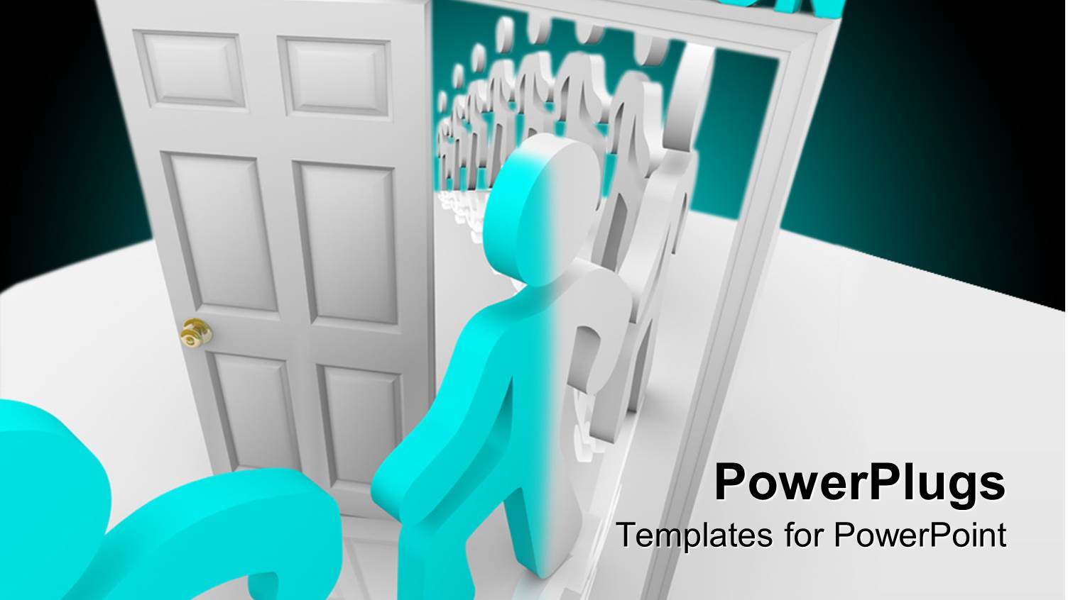 Line of White Figures Step Through a White Open Door of Motivation get Changed in Light Blue Color