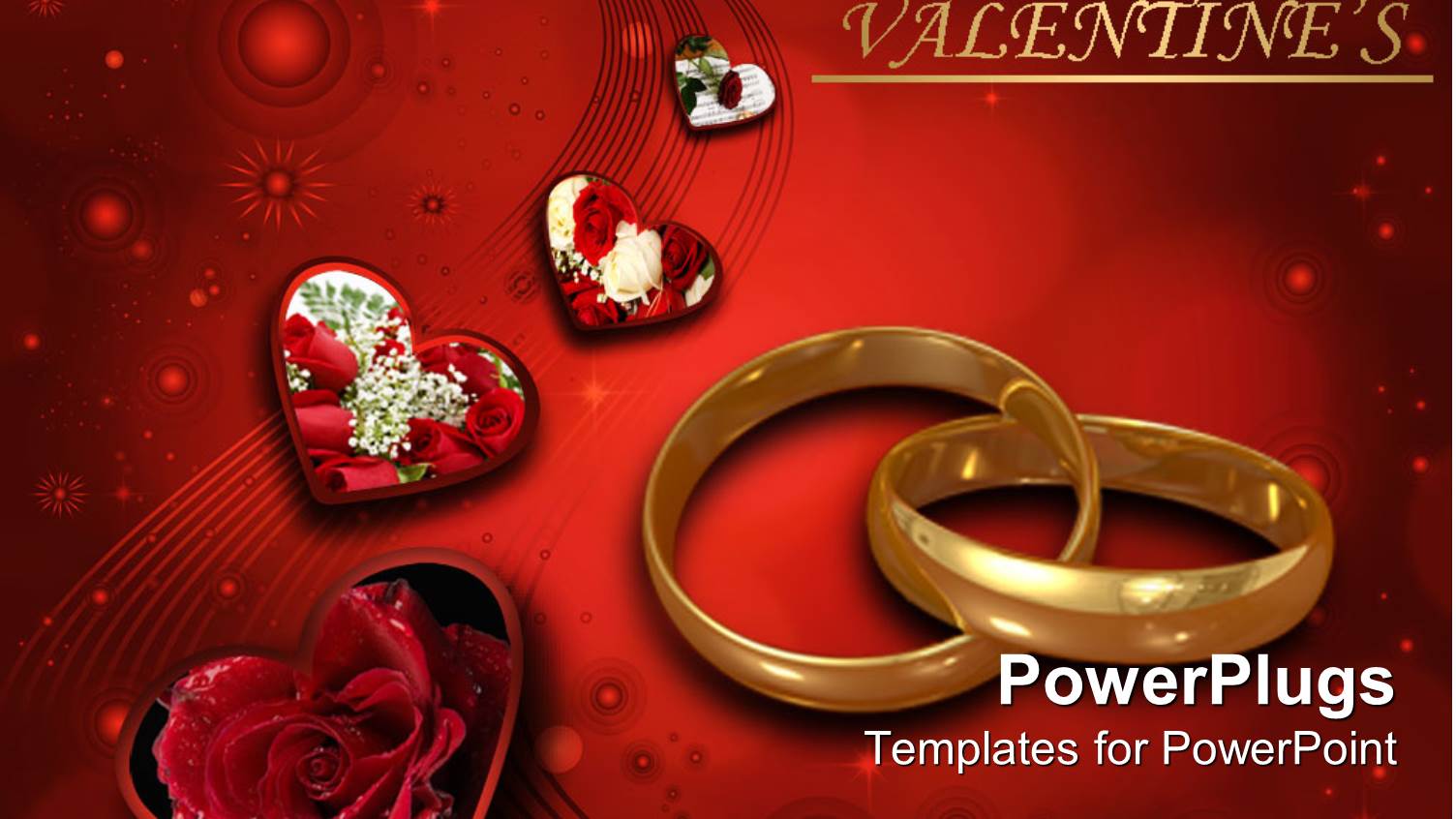 Linked Wedding Bands with Hearts and Red Roses