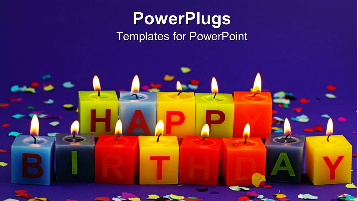 Lit Happy Birthday Candles and Rainbow Confetti on Purple Background