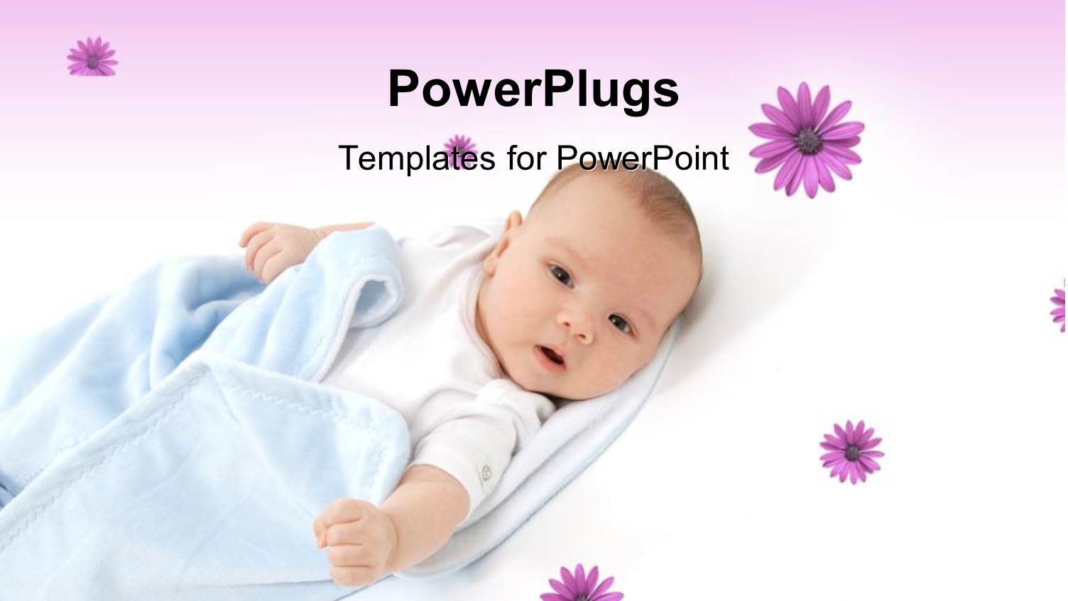 little Baby Wrapped in Blue Blanket Over Flowery White and Purple Background 