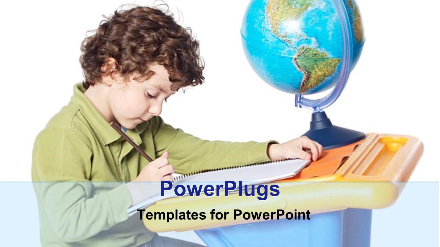 little Boy Sitting at Desk Studying with Pencil, Notebook and Globe