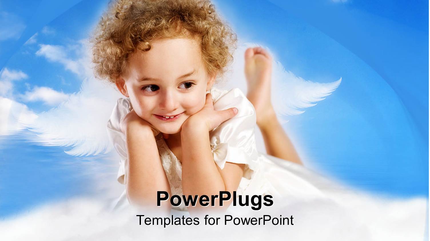 little Girl with Curly Hair in Angel Fairy Costume on Blue Sky