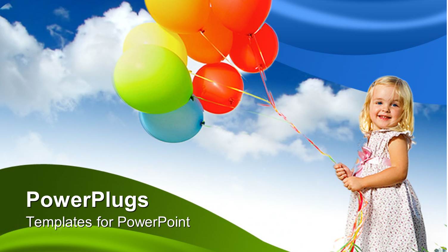 little Girl Holding Lots of Colorful Balloon's with Blue Skies