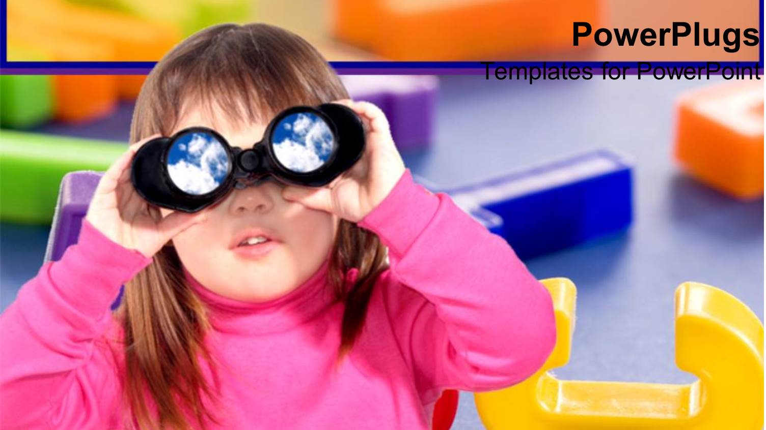 little Girl Looks Through Binoculars with Colored Letters in Background