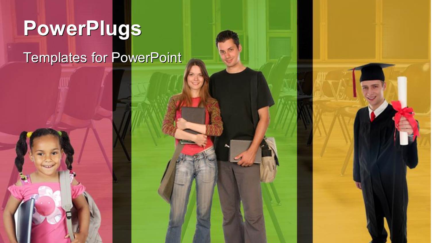 little Girl Ready for School, Pair of Older Students, and Graduate with Classroom Background