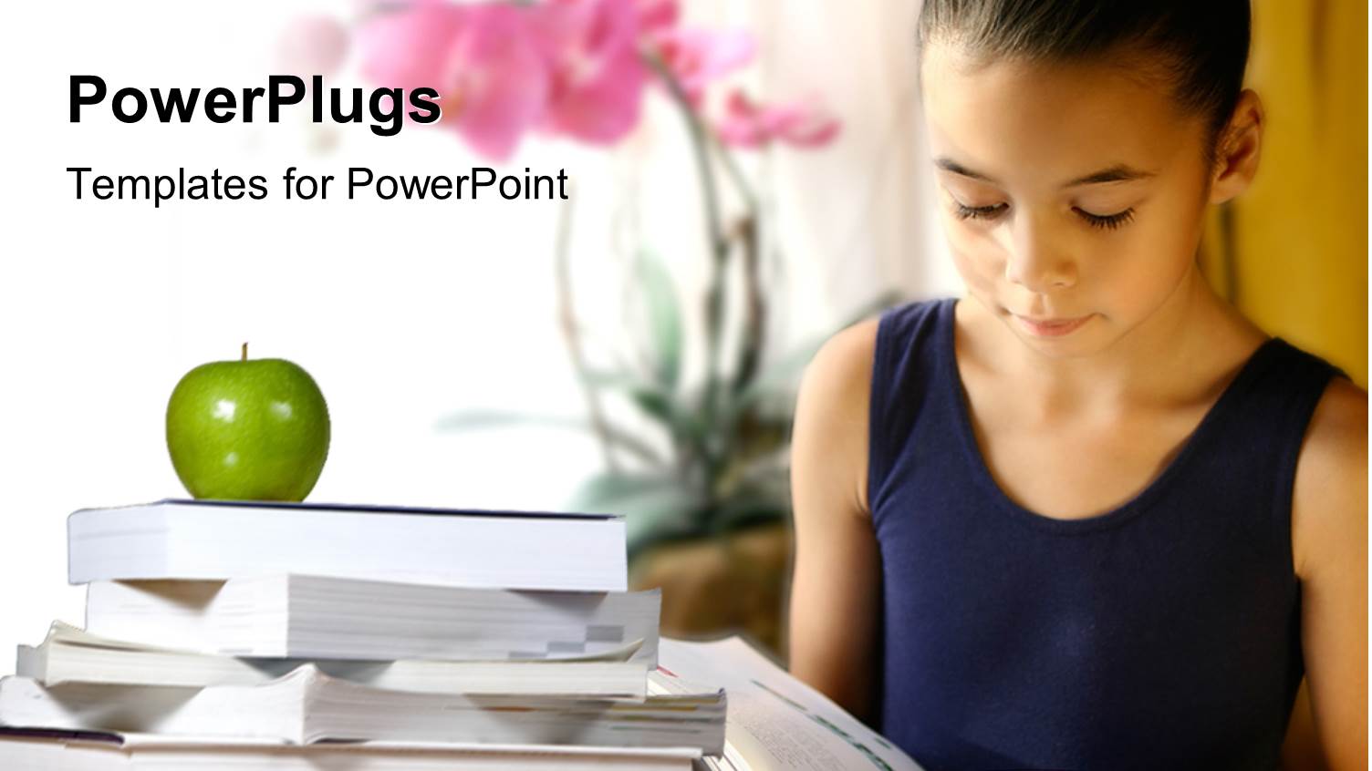 little Keep Studying from Open Book with Green Apple on Book Stack