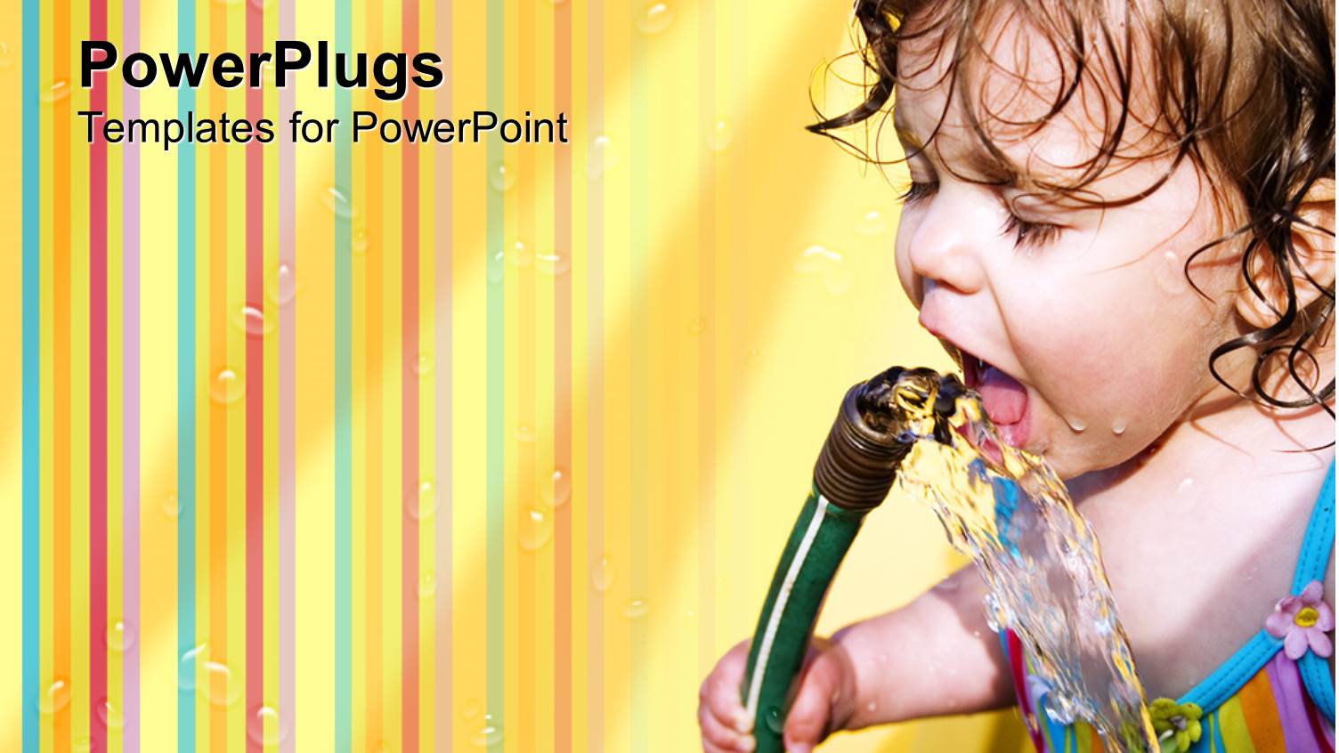 little Kid Drinking from Garden Hose with Colorful Striped Background