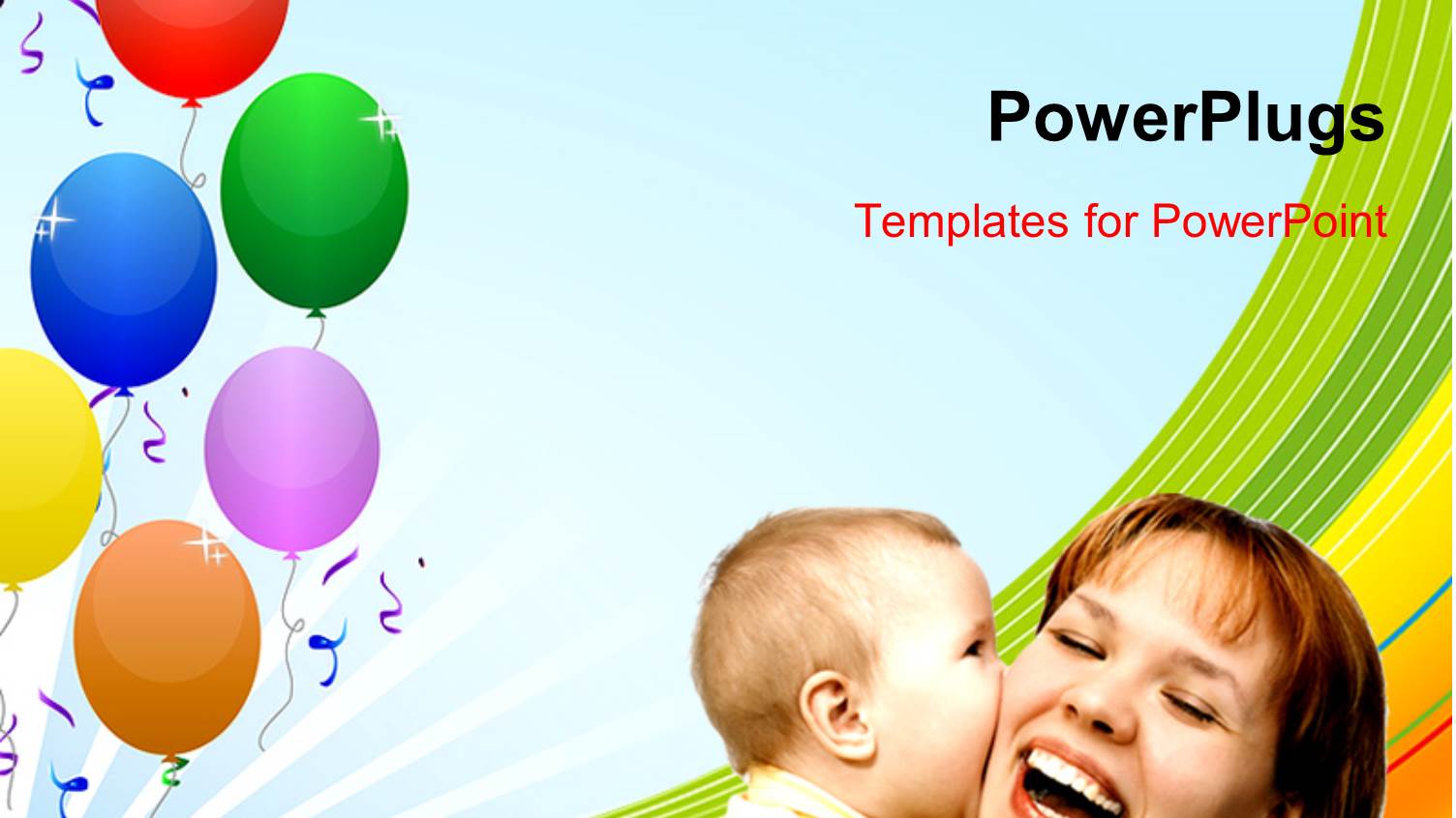 little Kid Kisses Mother's Cheeks Over Colorful Background with Balloons 