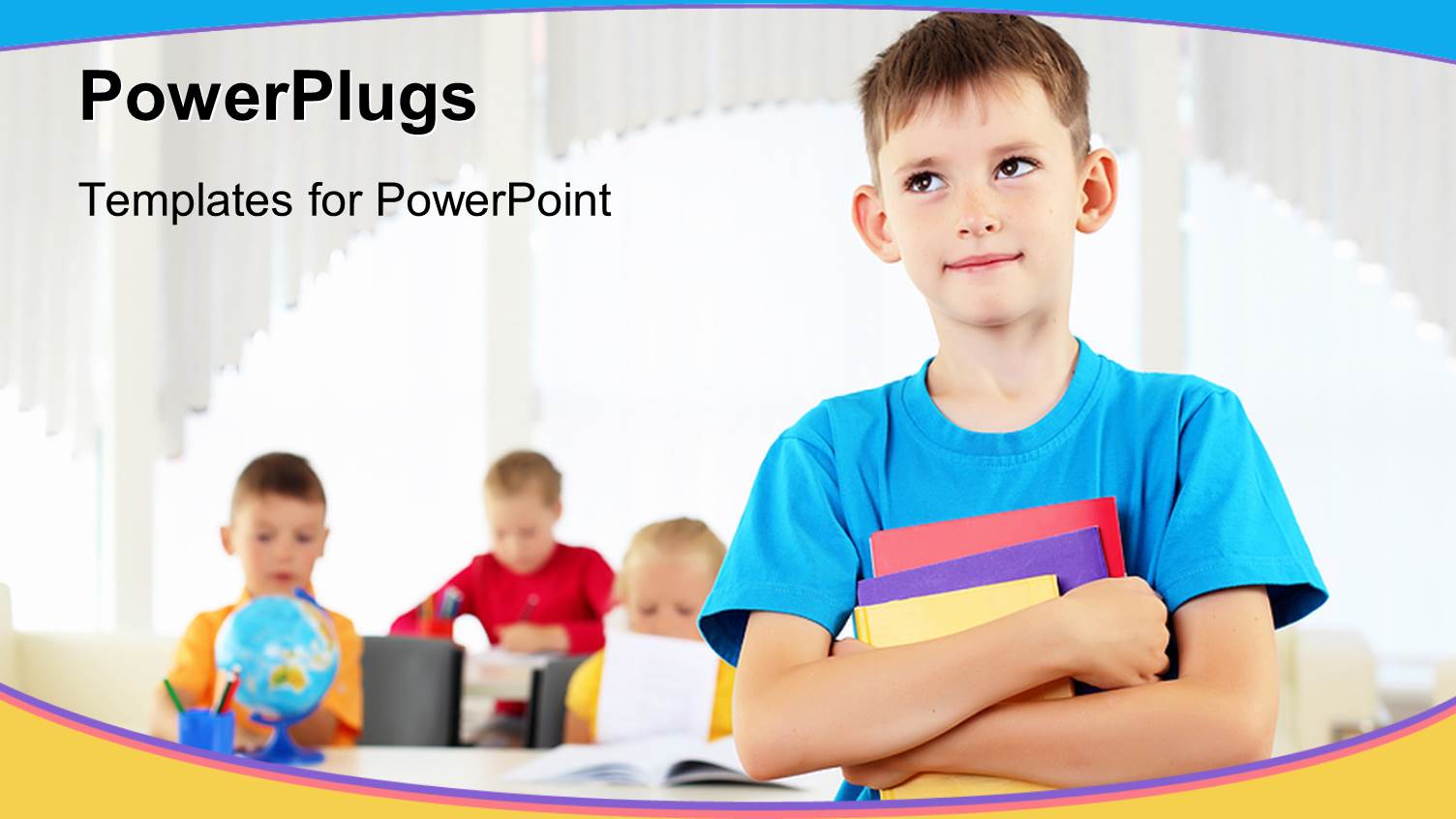 little Male Pupil in Blue Holding Books in a Classroom