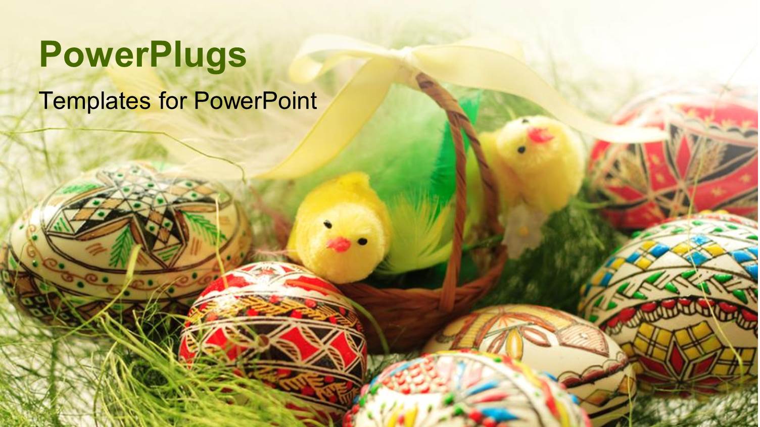 a Lot of Painted Easter Eggs with Green Background