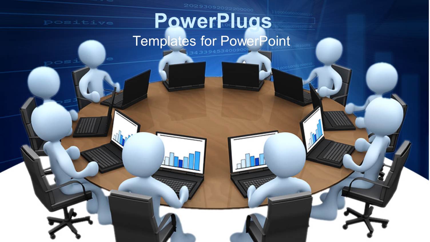 Lots of Animated Human Figures with Laptops on a Round Table Meeting