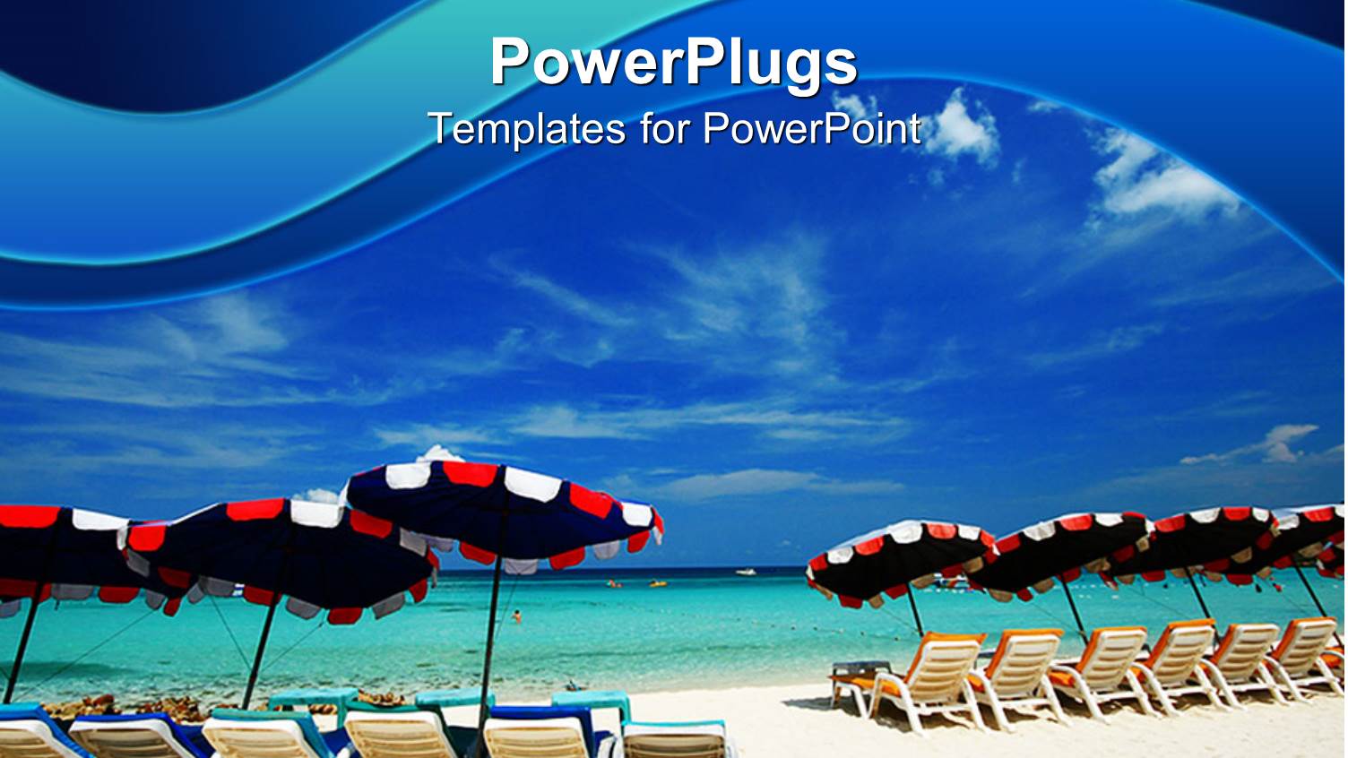 Lots of Beach Chairs with Umbrellas on a Blue Beach