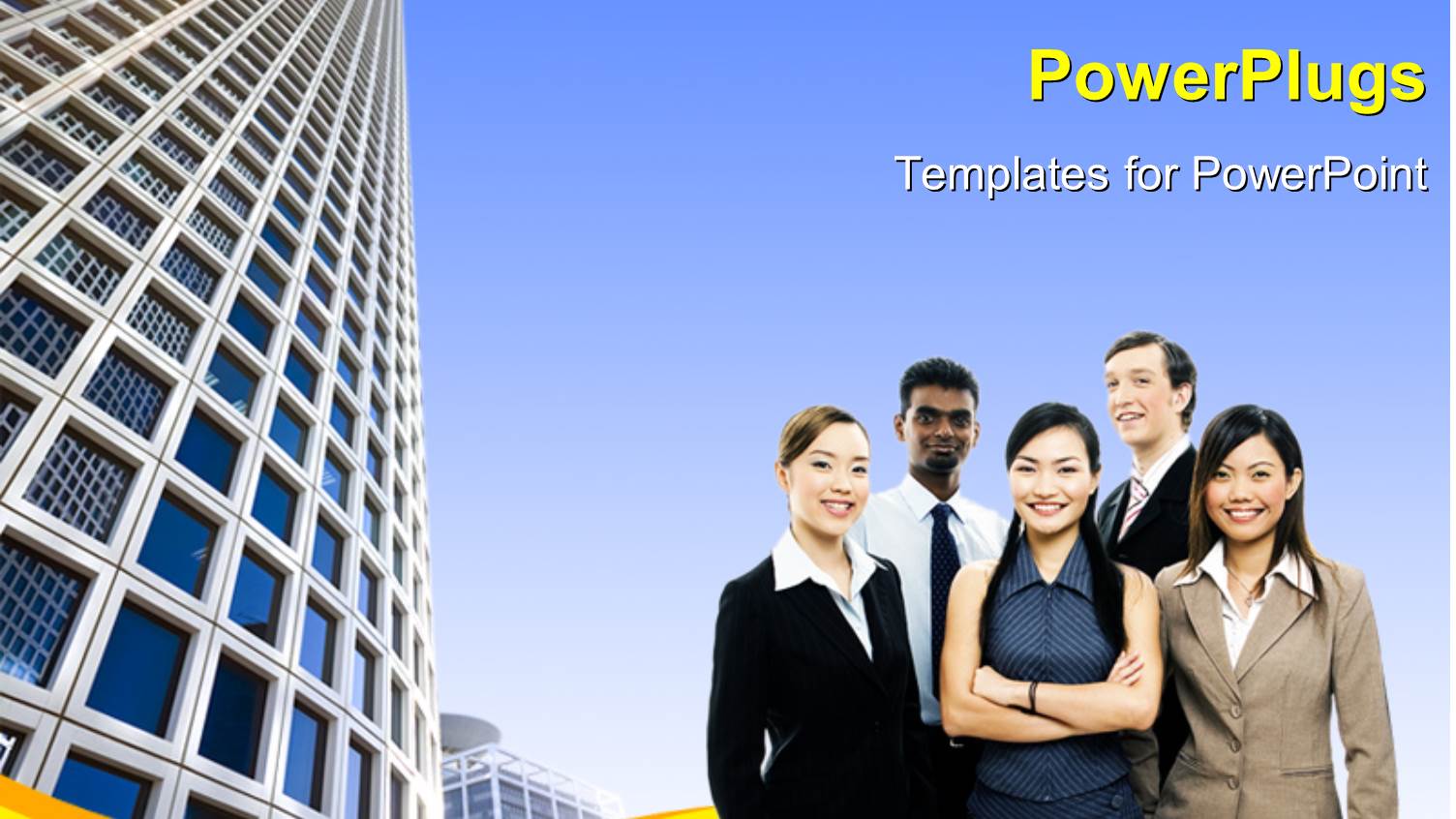 Lots of Business Men and Women Smiling in Front of a Sky Scrapper