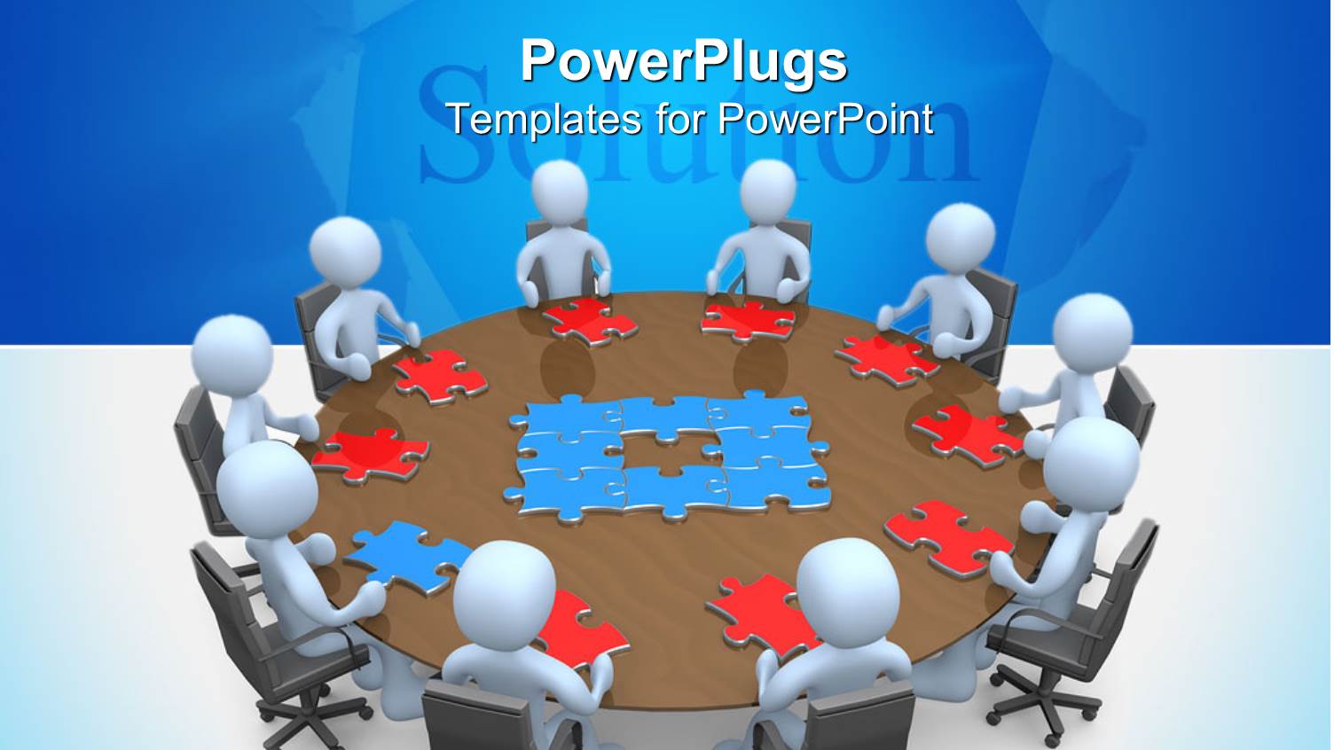 Lots of Characters Sitting on a Round Table with Puzzle Pieces