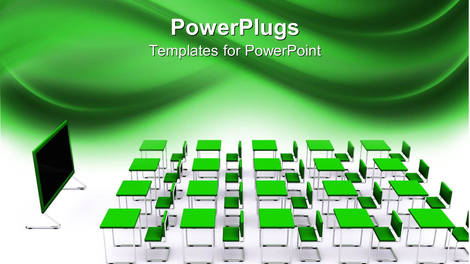 Lots of Educational School Desks with a Black Board