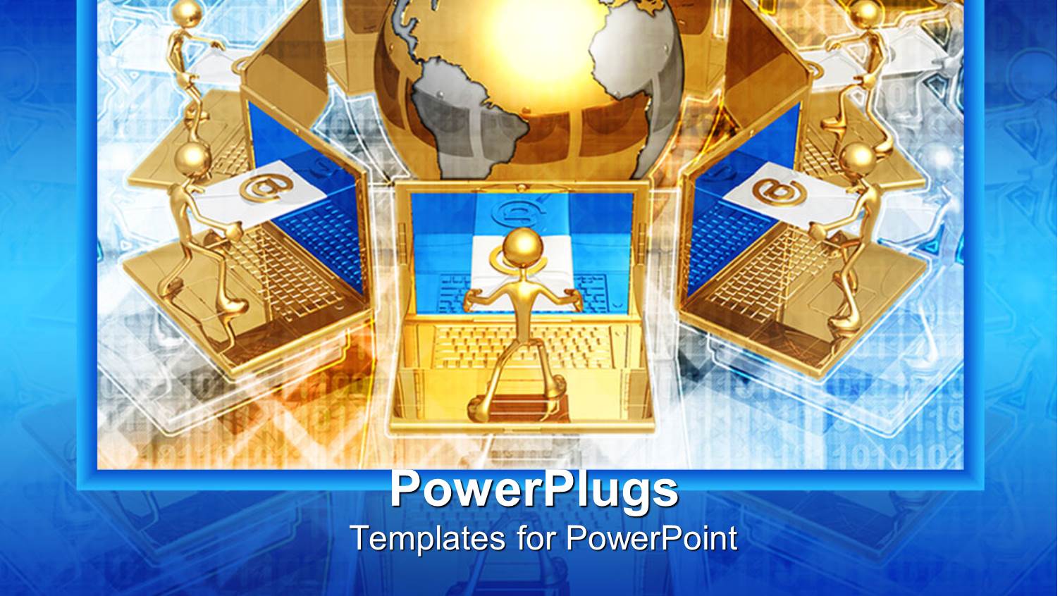 Lots of Gold Characters Standing on Laptops Around an Earth Globe