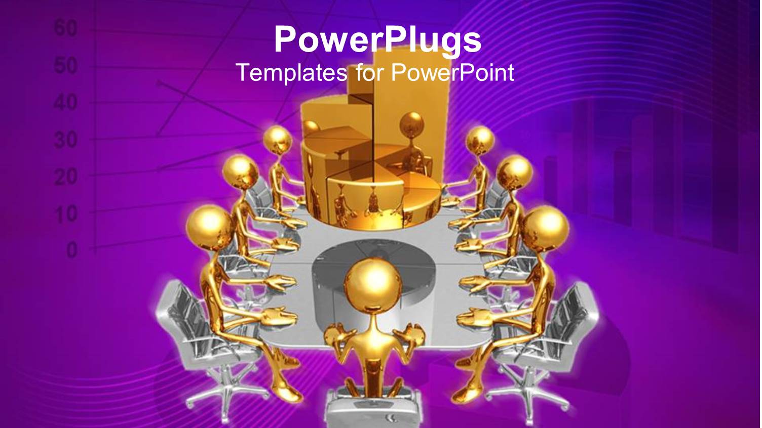 Lots of Gold Colored Human Colored Humans Sitting on a Usiness Table with a Goled Pie Chart