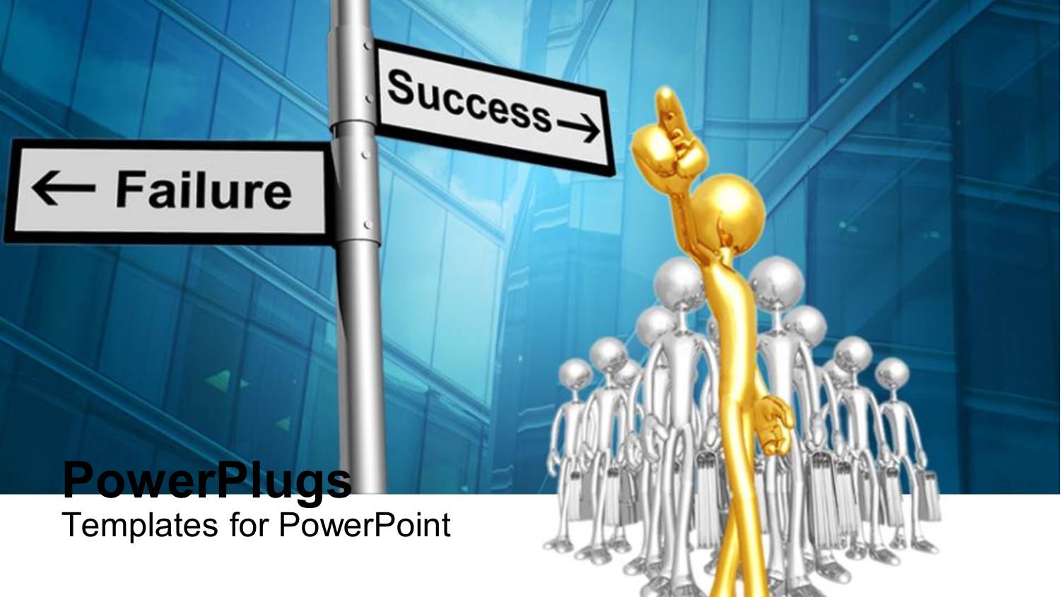 Lots of Gold and Silver Human Figures Following a Success/Failure Sign Post