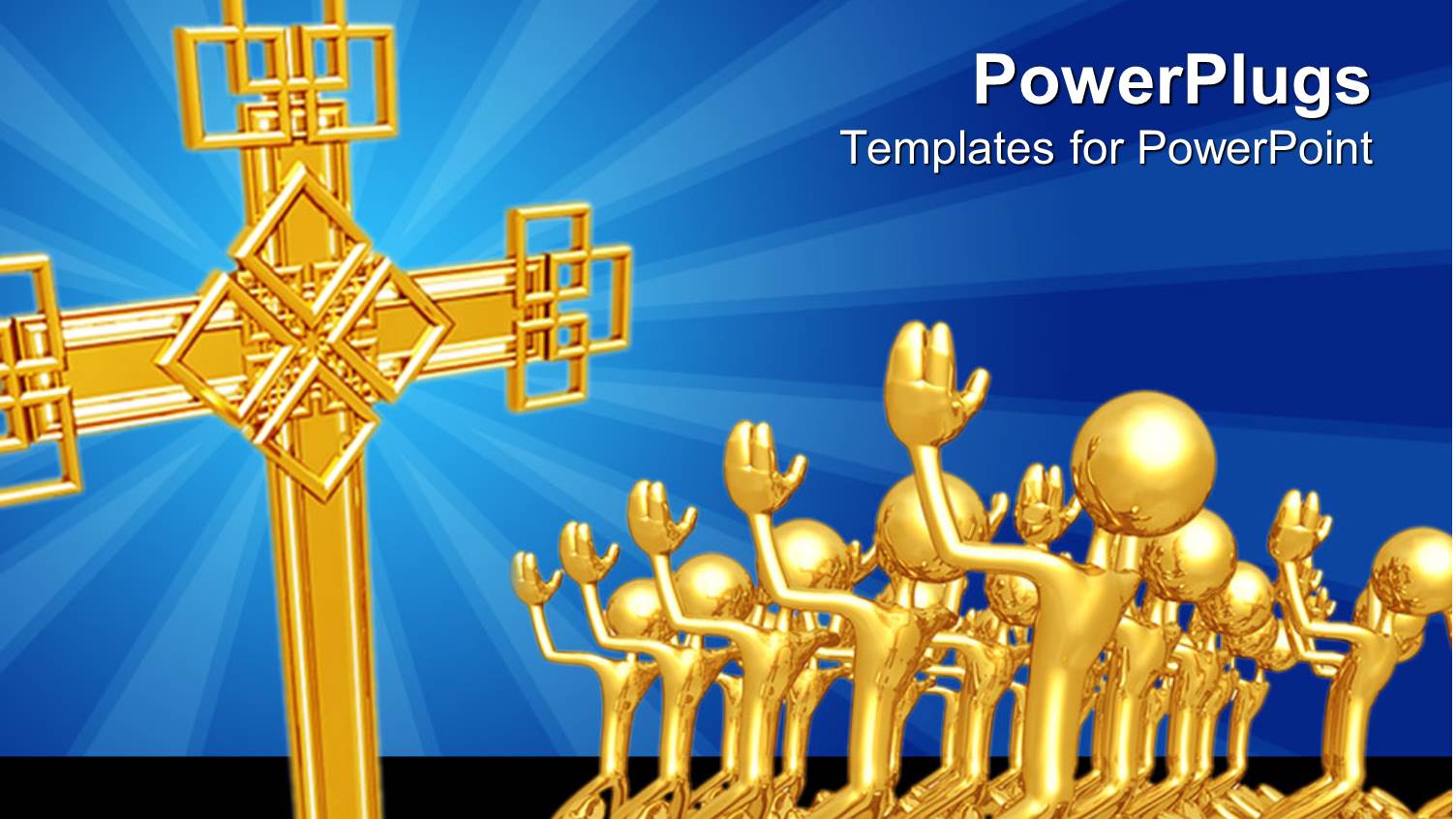 Lots of Golden Human Characters Kneeling to a big Cross