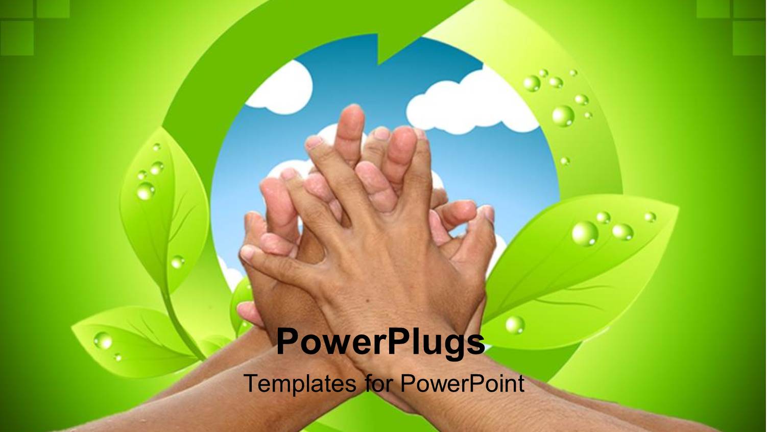 Lots of Hands Clasped Together with a Recycle Symbol Behind