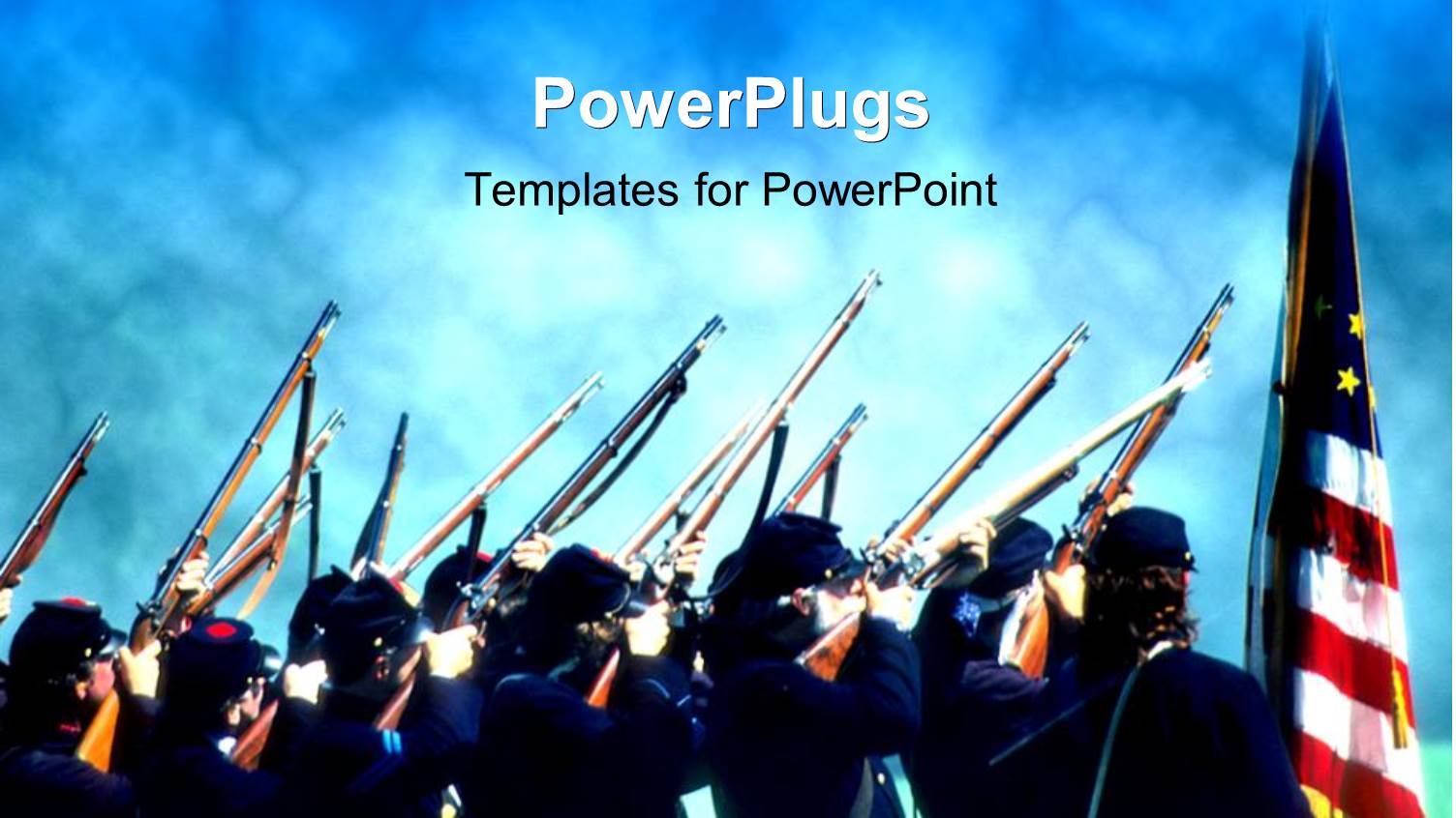 Lots of Officials Holding Up their Guns to the Sky with a Flag Beside them