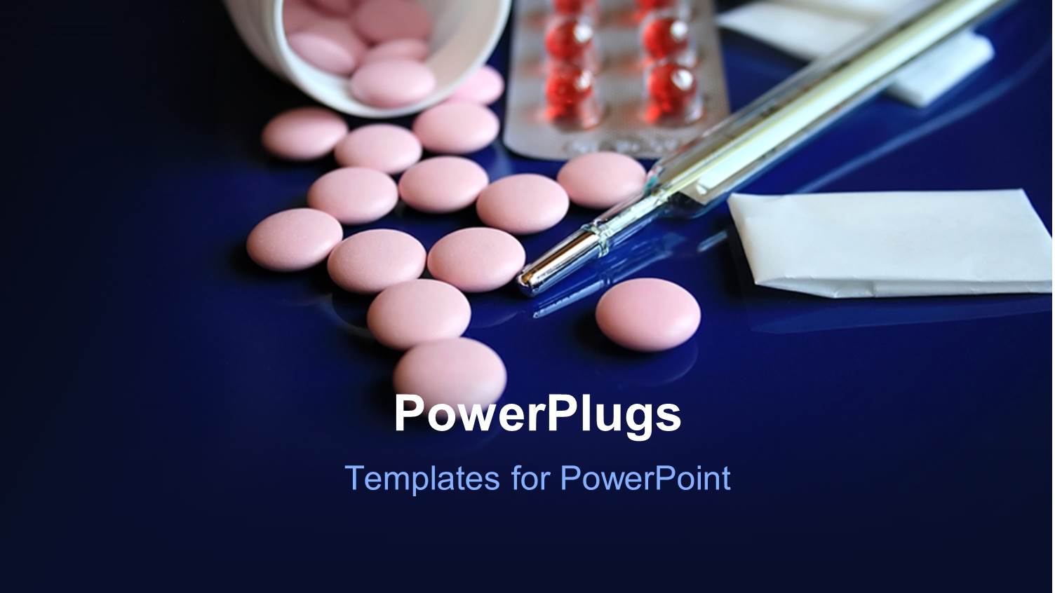 Lots of Pink Tablets Spilled on a Reflective Blue Surface