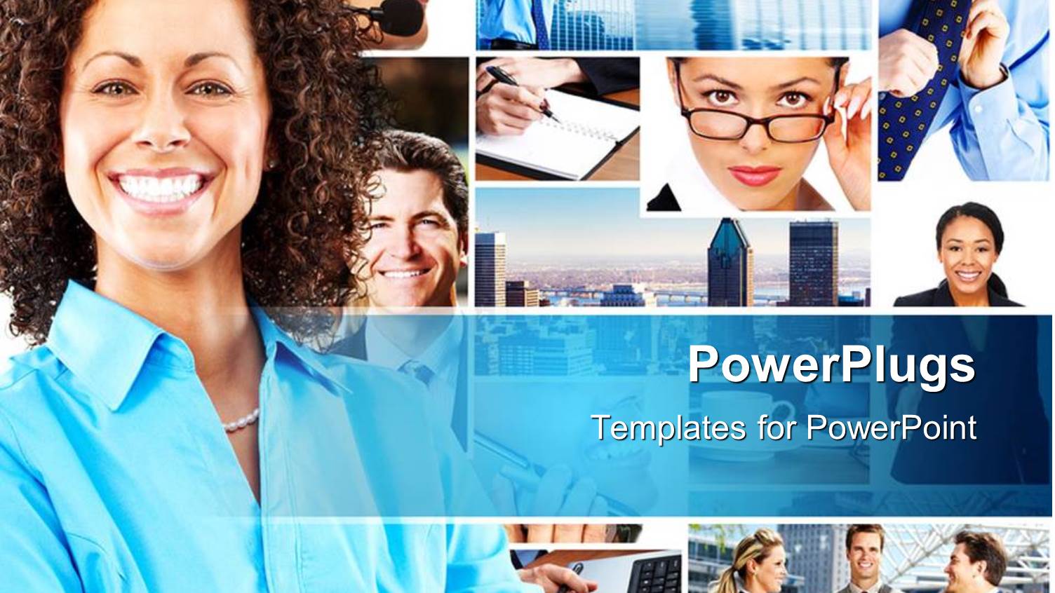 Lots of Tiles Showing Business and Corporate Settings with a Smiling Lady