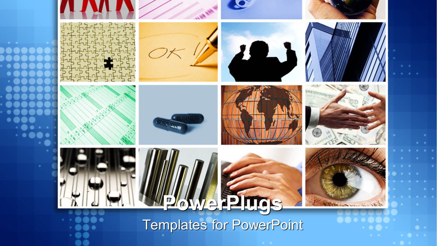 Lots of Tiles Showing Different Business Elements on a Blue Map Background