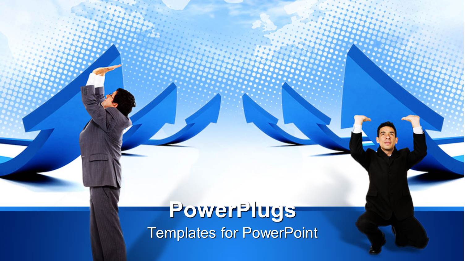 Lots of Upward Pointed Blue Arrows with Two People Pushing them