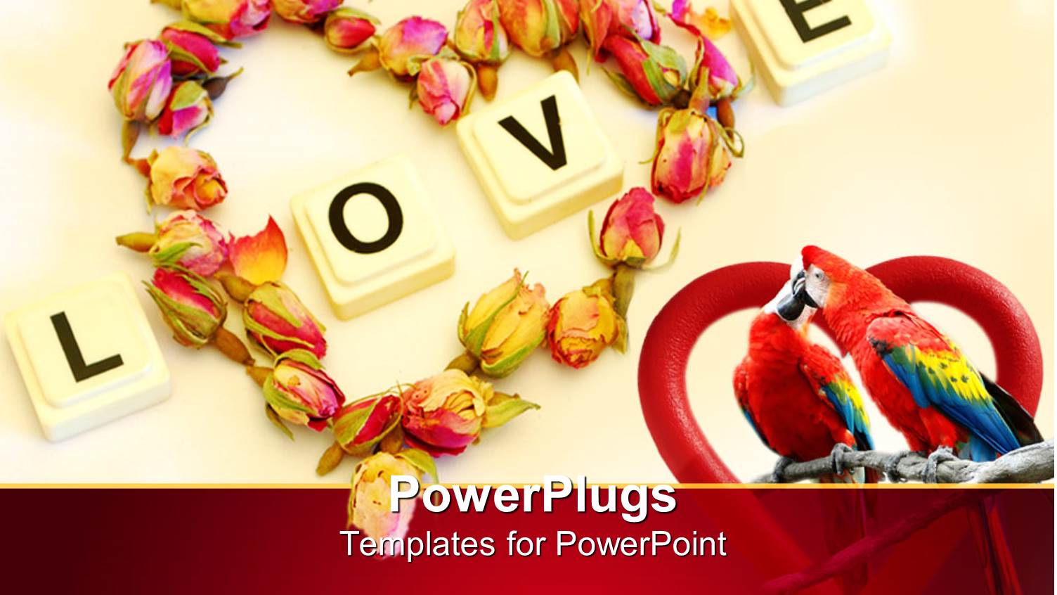 Love Theme with Word Love and Heart Made of Rose Buds, Two Kissing Parrots Inside Red Heart