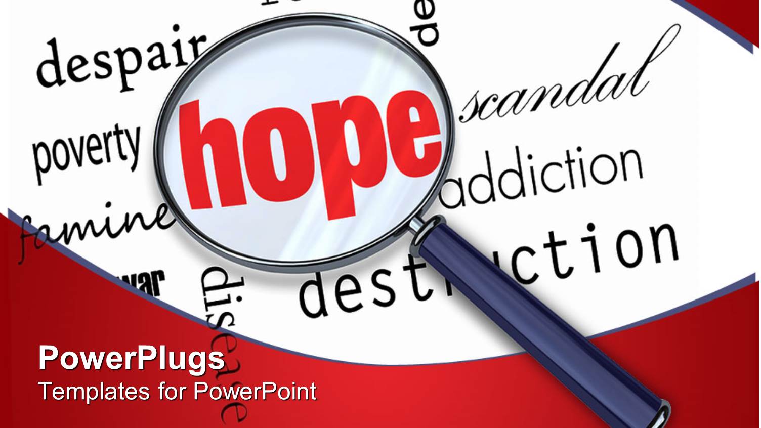 Magnifying Glass Emphasizes Hope in Word Cloud Filled with Negative Terms