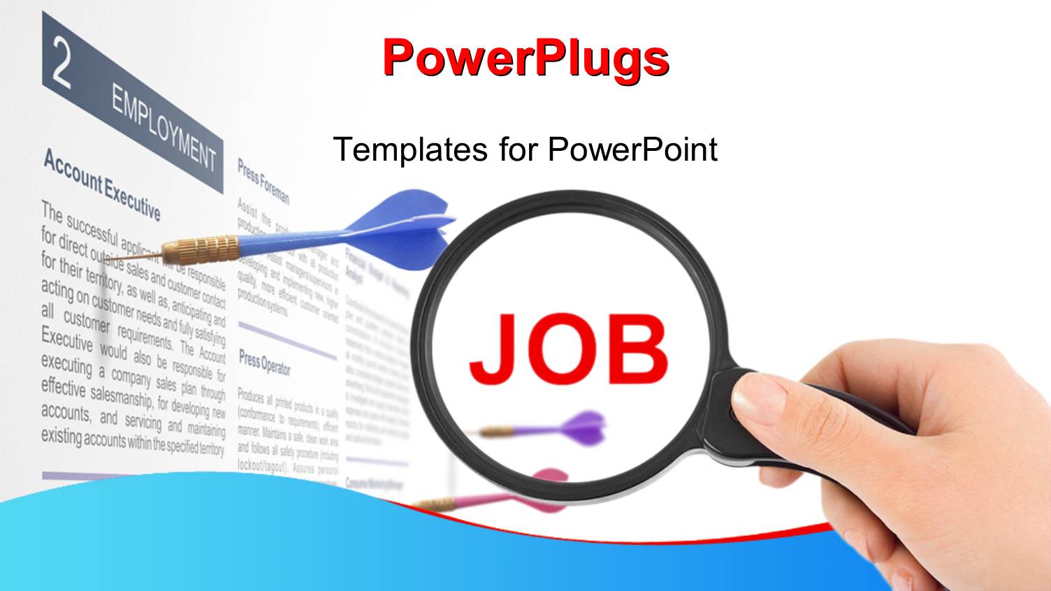 Hand Holds Magnifying Glass Over Job with Dart Stuck in Document