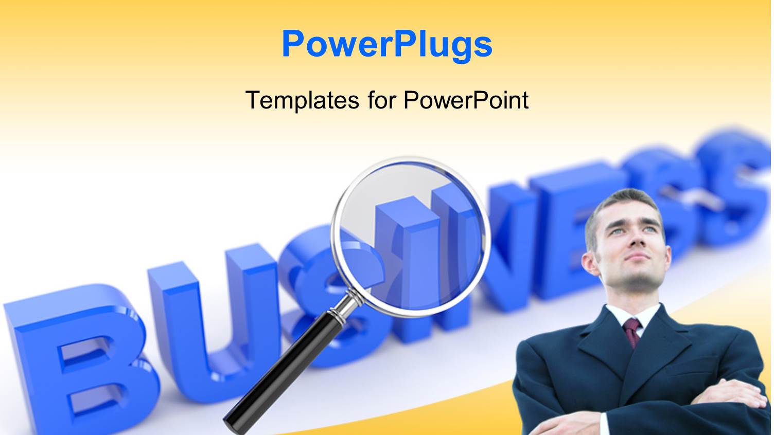 Magnifying Glass Hovering Over BUSINESS with Businessman Folding Hands across Chest