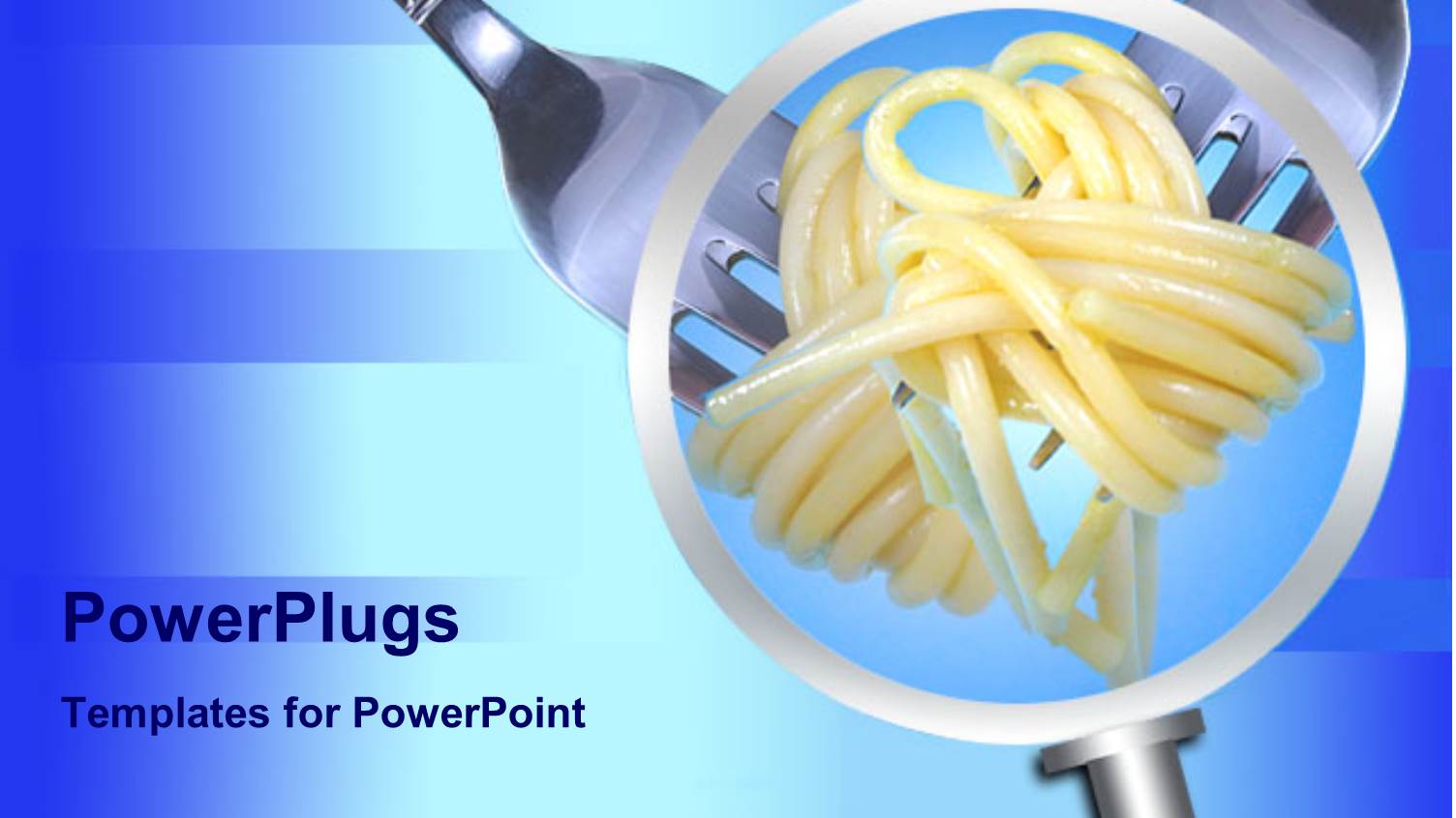 Magnifying Glass Showing Spaghetti Rolled on Two Forks on a Striped Light and Dark Blue Background