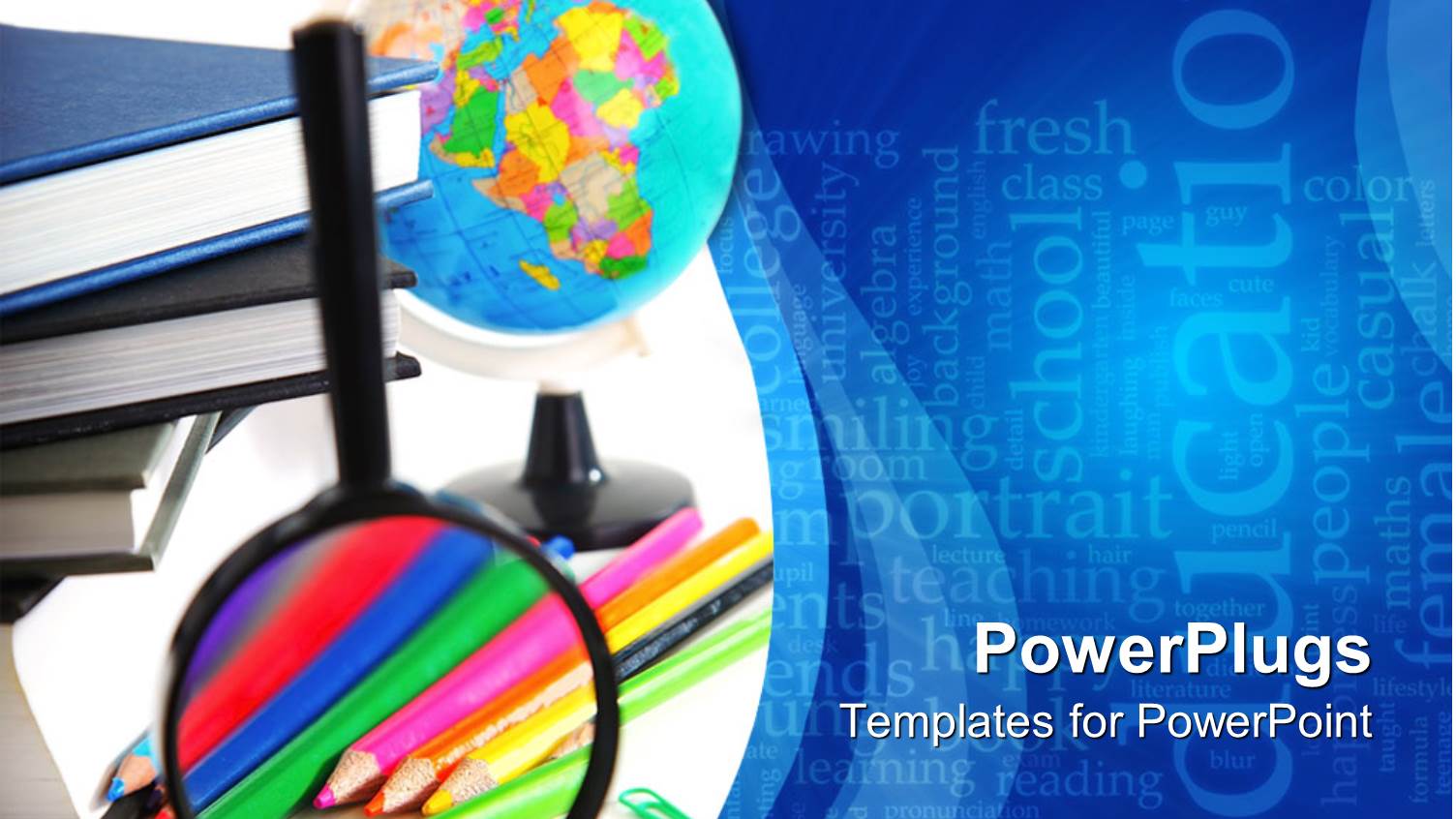 Magnifying Lens Showing Coloring Pencils and Pins Next to Books and Globe