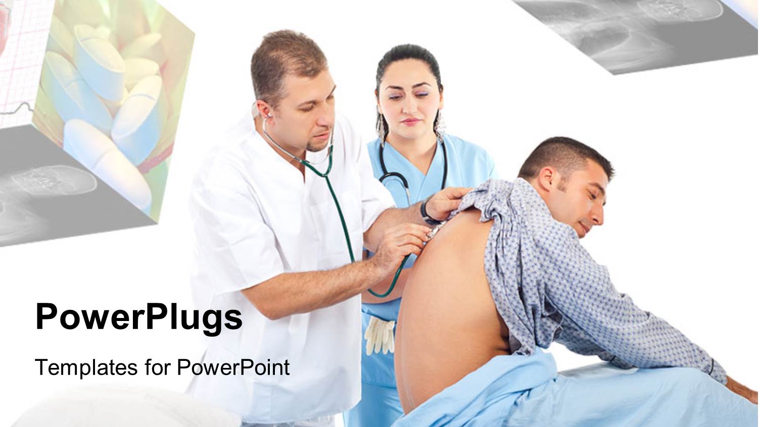 Male Doctor and Nurse Examining Patient with Stethoscope on Sick Bed