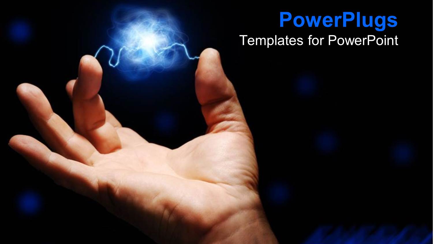 Male Hand with Blue Electrical Current Between Fingers on Black Background, Energy