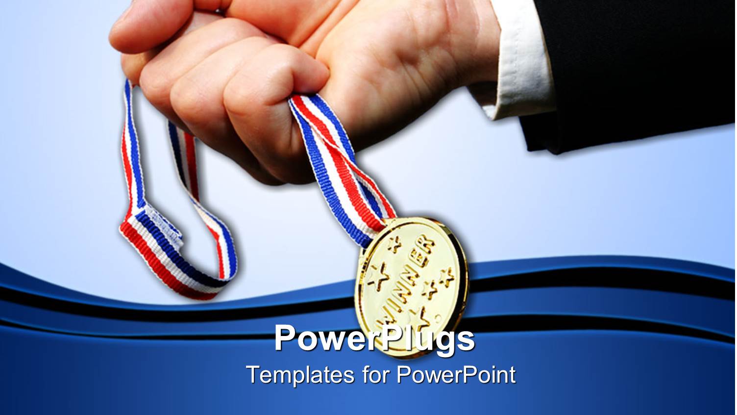 Male Hand Holding a Medal with Blue Colored Background