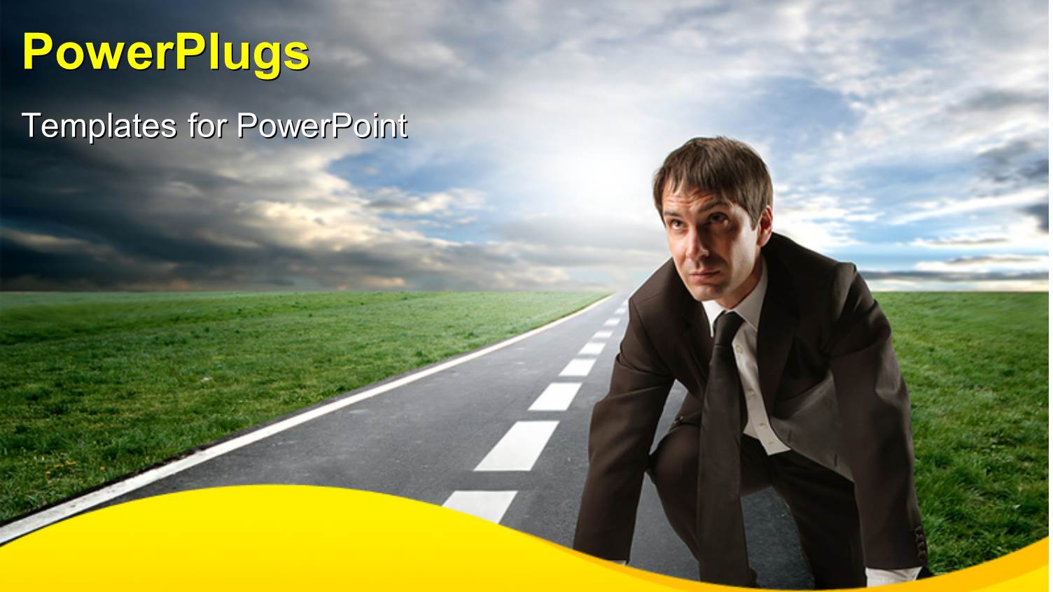 Man Bends in Race Position on Highway Between Green Field