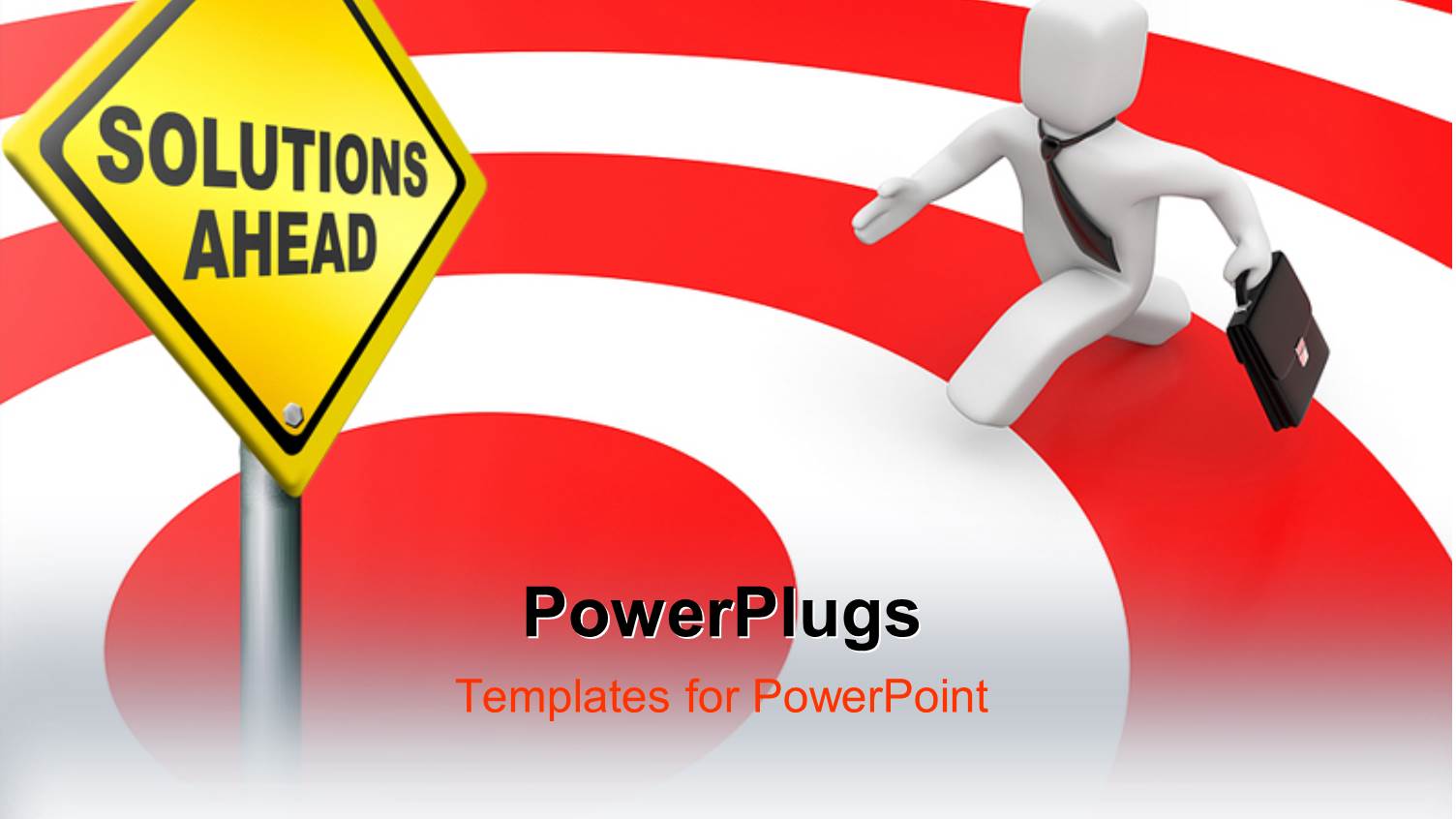 Man with Briefcase Running on Red Target Towards Solutions Ahead Signpost 