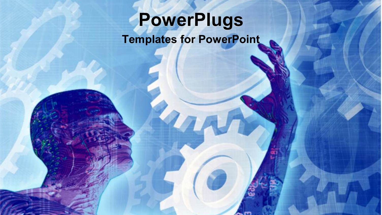 Man with Circuit Board as Skin with Gears in Background
