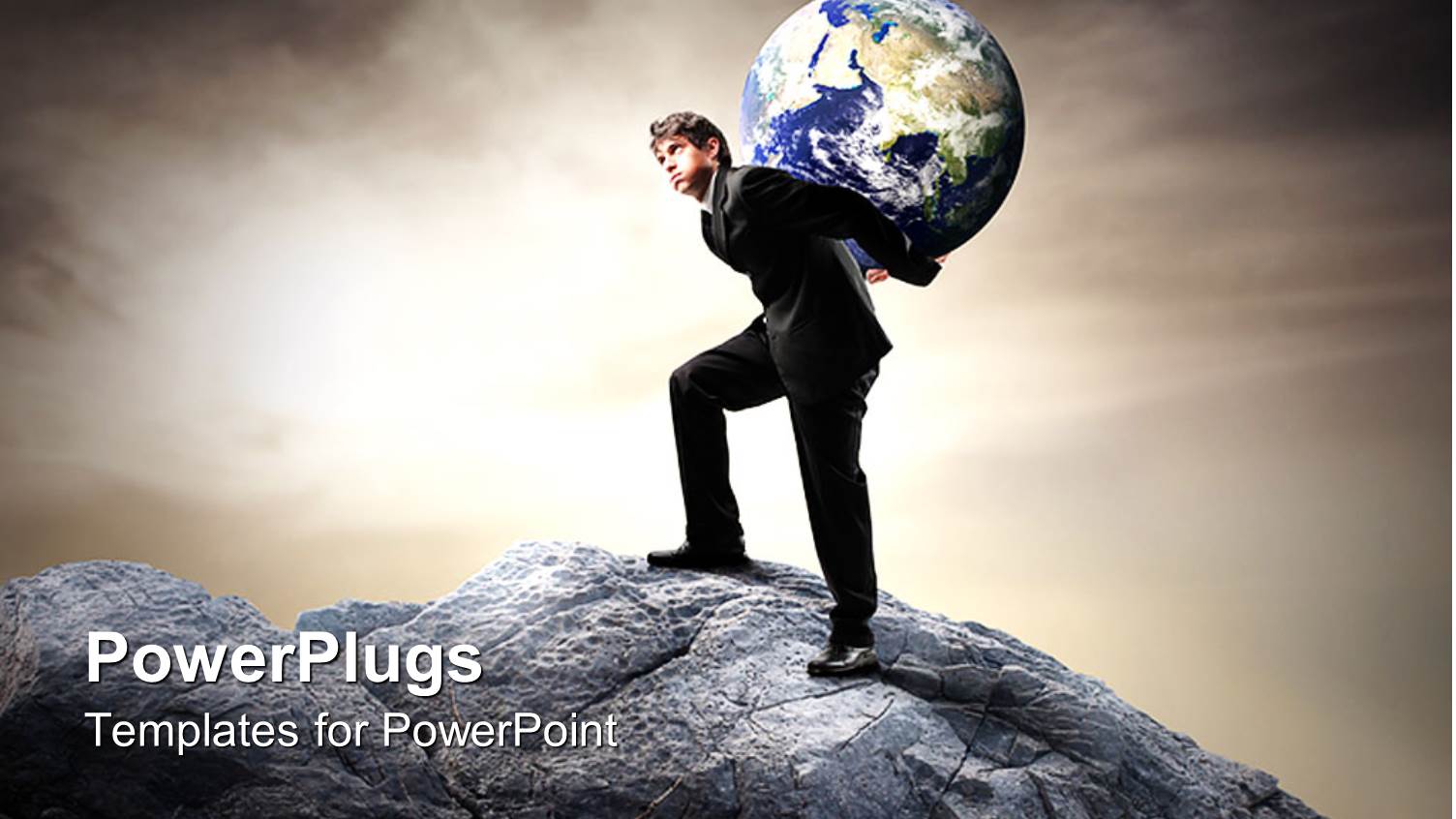 Man Climbing to Top of Rock with Earth Globe on his Back