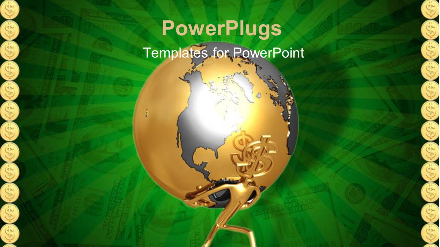 Man with Dollar Head Carrying Globe on Back with Gold Coins as Frame