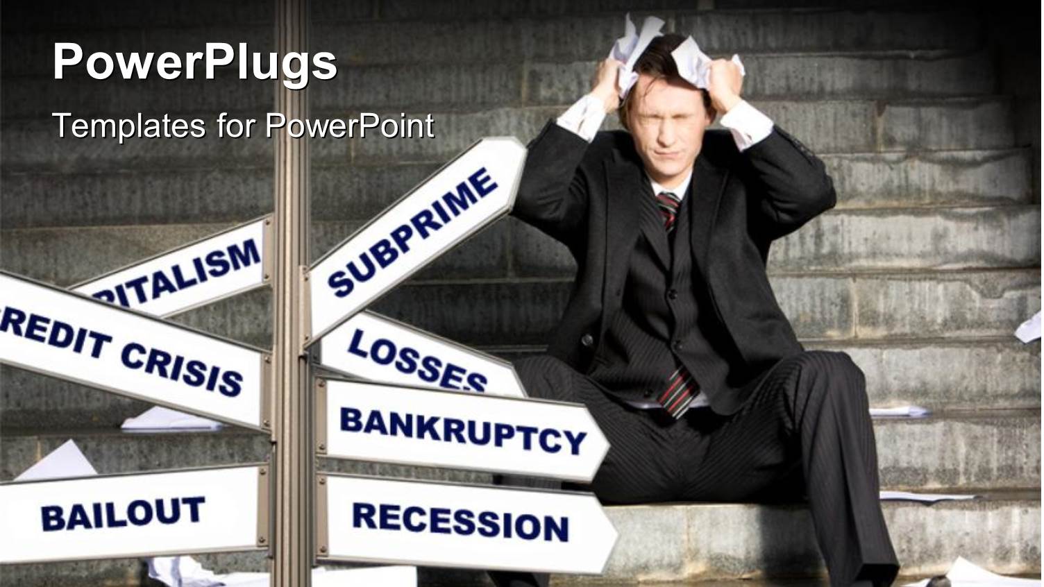 Man in Financial Crisis Puts Hand Over Head with Signpost of Financial Terms 