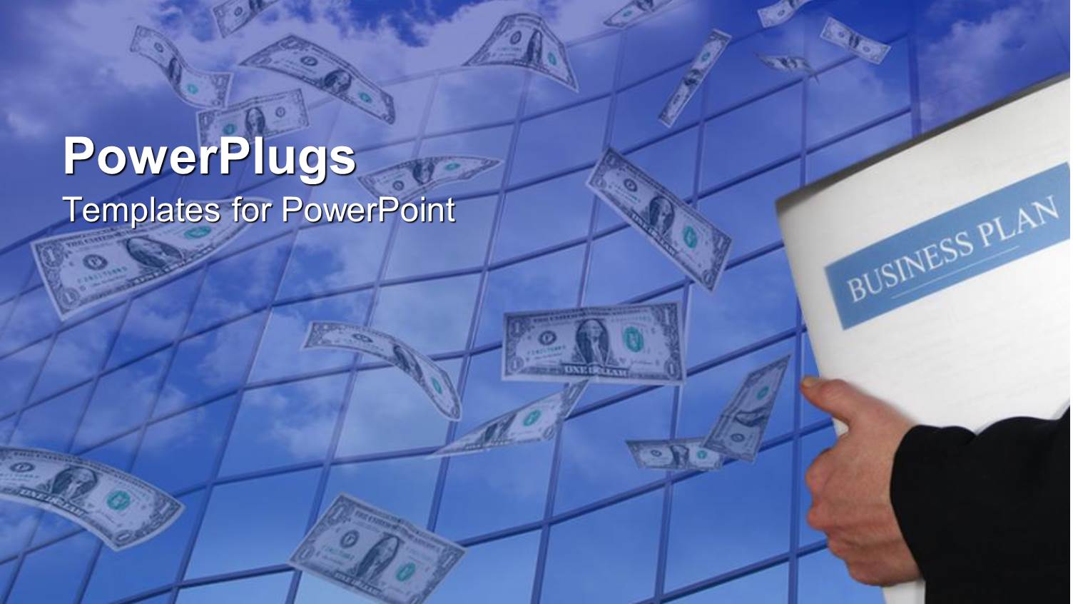 Man with a Folder Written Business Plan with Dollars Flying Around