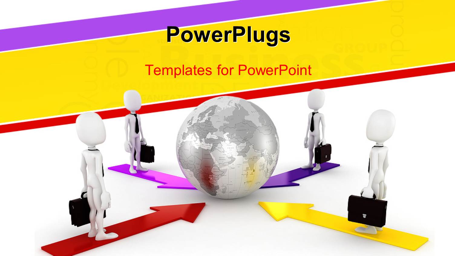 Global Business Network Depiction with Four 3D Businessmen Around Globe