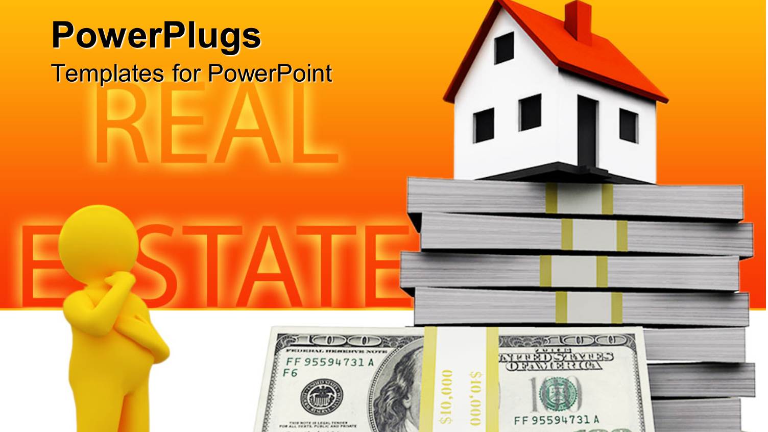 Man with Hand on Chin Looks at Building Over Dollar Bill Stacks