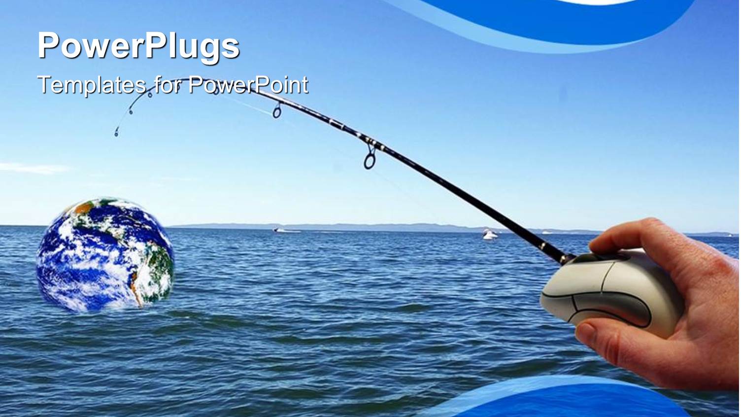 Man Hand Holding Computer Mouse with Attached Fishing Pole Capturing Planet Earth from the Ocean Water